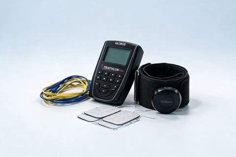 Oprema Paketa R²: elektrostimulator, kabli, elektrode in BFR manšeta