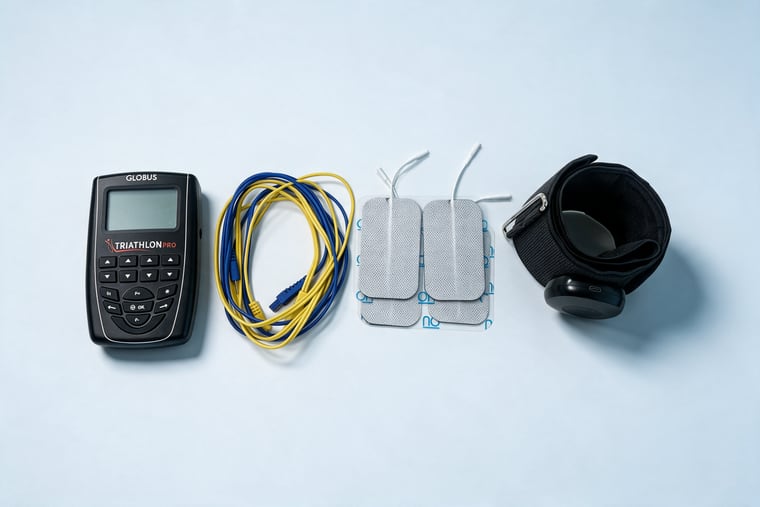 Elektrostimulator, kabli, elektrode in BFR manšeta od zgoraj